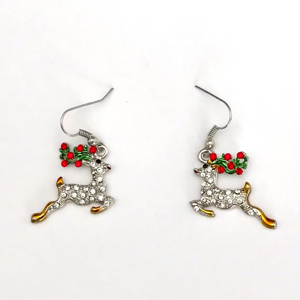 Silver Tone Christmas Reindeer Dangle Pierced Earrings